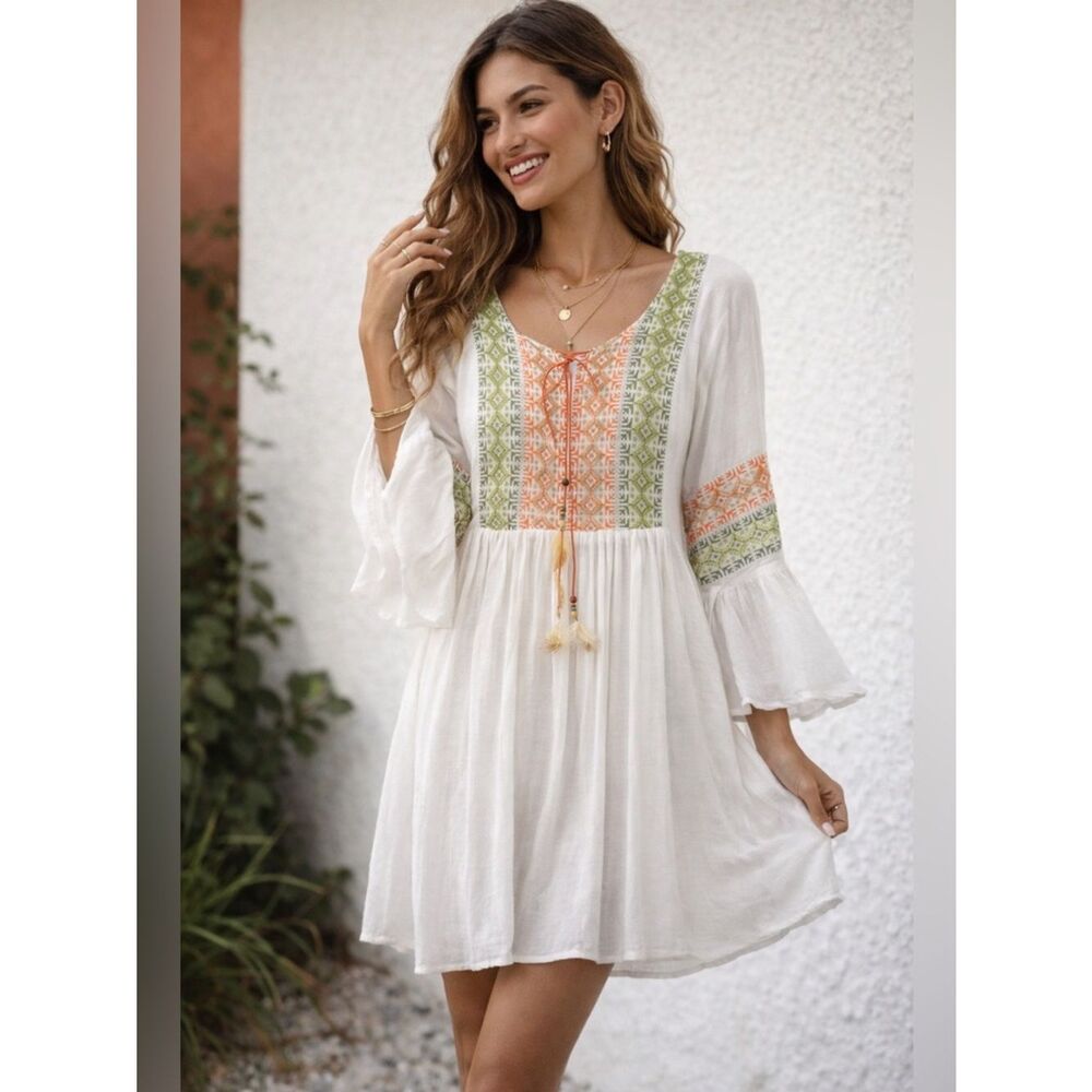 Water Lily Boho Chic Gauzy White Dress with Green and Orange Accents
